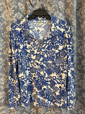 Blue & White Floral Print Long-Sleeve Women's Top